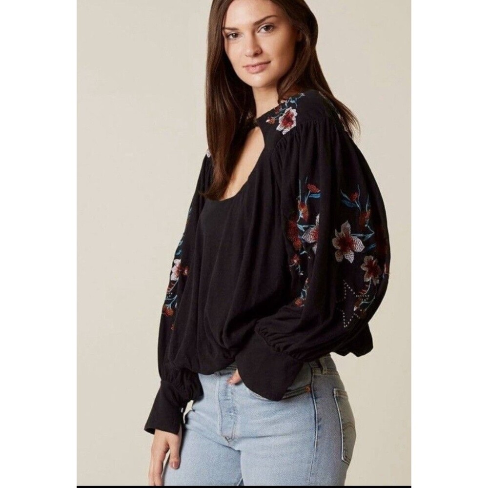 Free People Whimsical Embroidery Black Top Size M - Picture 1 of 8